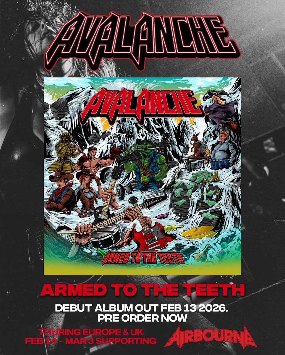 AvalancheOZ's tweet photo. Let’s go 2026💪

Pre-order ARMED TO THE TEETH on VINYL/CD from @JBHiFi or @MGMDistribution with cheap shipping worldwide🌏, or online on your fave streaming service! Links + Tour 🎟️ in bio👊

Who’s ready for the next single?!?⚡️
#armedtotheteeth #newrock #europeontour #airbourne https://t.co/AwrtVdlOY5