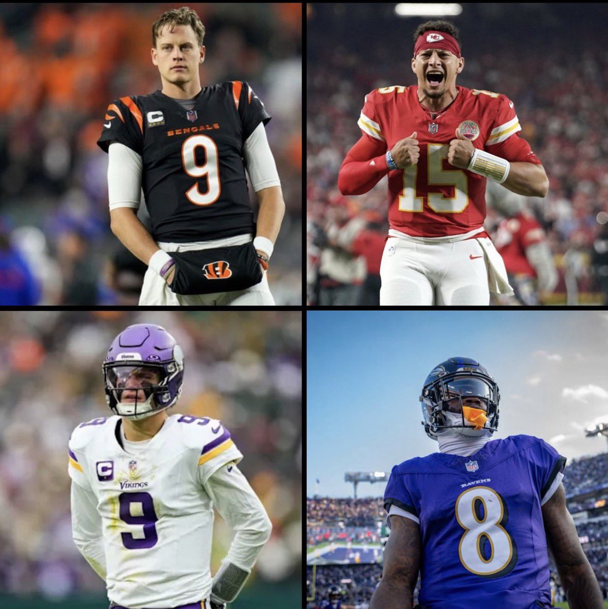 PmtStats's tweet image. We have a playoffs with no:

- Burrow
- Mahomes
- 9
- Lamar