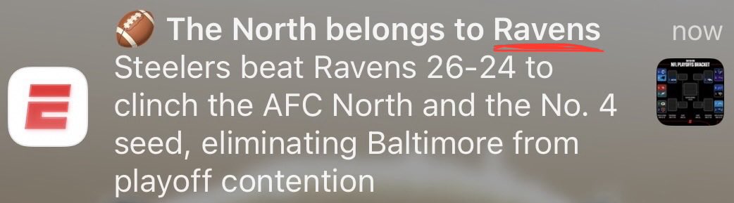 jaycTony's tweet image. ESPN was a little too quick with their notification about Ravens-Steelers!
