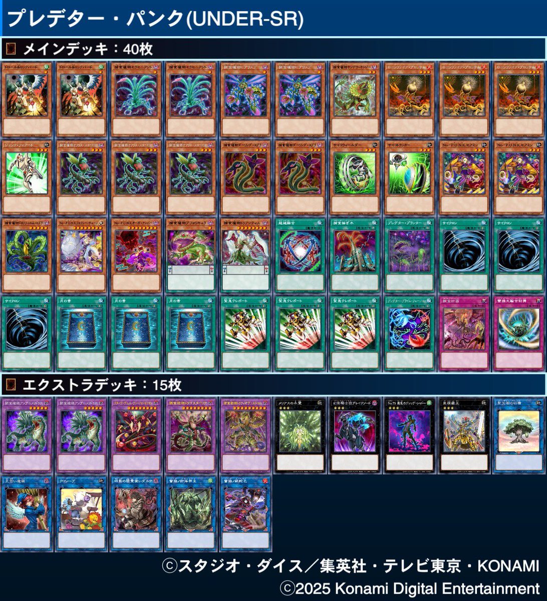 mnuenum's tweet photo. #遊戯王マスターデュエル で作ったデッキ 34

【捕食植物P.U.N.K.】
パンクを出張させることで初動を増やした捕食デッキ(under-SR)

召喚権を使わずにメリアスの木霊を出し、効果でビブリスプを落とすことで初動のオフリスを確保します

これを機に捕食が好きになったので新規が待ち遠しいですわ🪴 https://t.co/eWu1epZQ5R