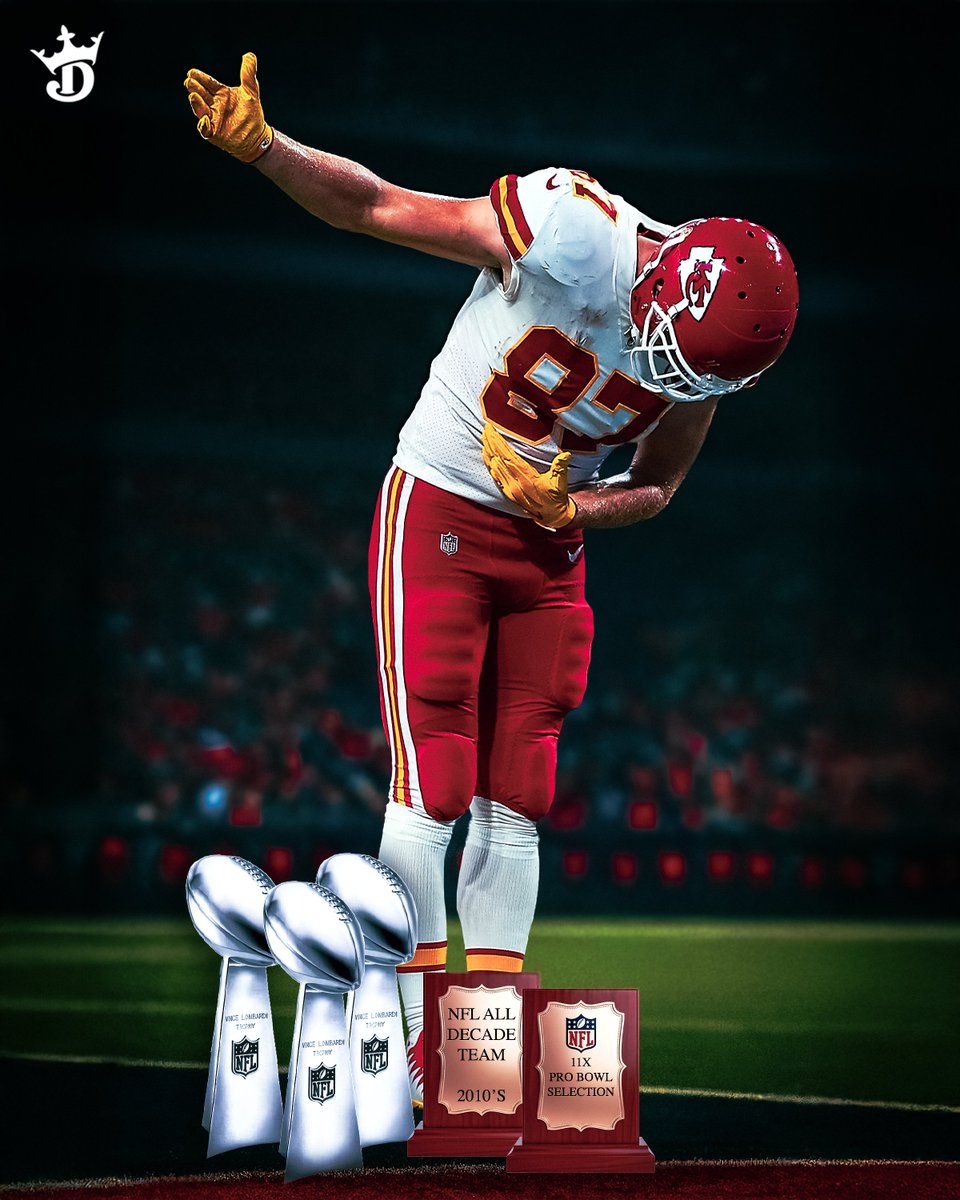 DraftKings's tweet image. If this is the end... what a career it's been for Travis Kelce. The tight end GOAT 🐐

🏆 3x Super Bowl Champ
🔥 4x All-Pro
⭐️ 11x Pro Bowler
🙌 Fastest TE in NFL History to reach 13,000 receiving yards