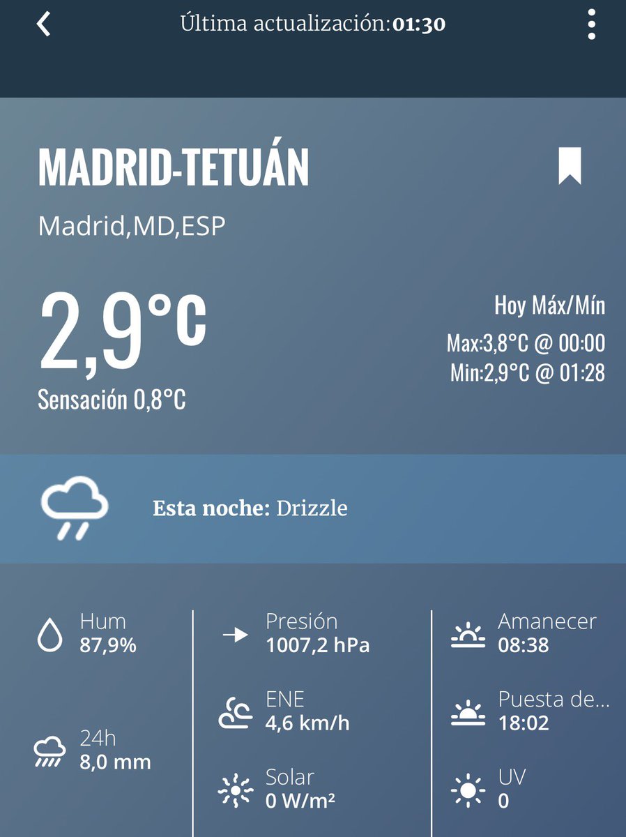 meteo_tetuan's tweet photo. Cuesta verlo en nuestras imágenes de la #webcam pero ya tenemos algunos #copos mezclados con la lluvia y el termómetro de nuestra estación marca 2,9°C en #Tetuán.  Sigue el descenso. https://t.co/UW5gMfxWCl
