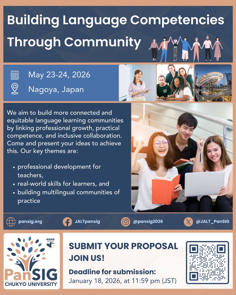 Dear JALT Members and Supporter,

PanSIG 2026 is now officially underway, and we are pleased to invite you to submit your proposals. The theme this year is  “Building Language Competencies Through Community”.