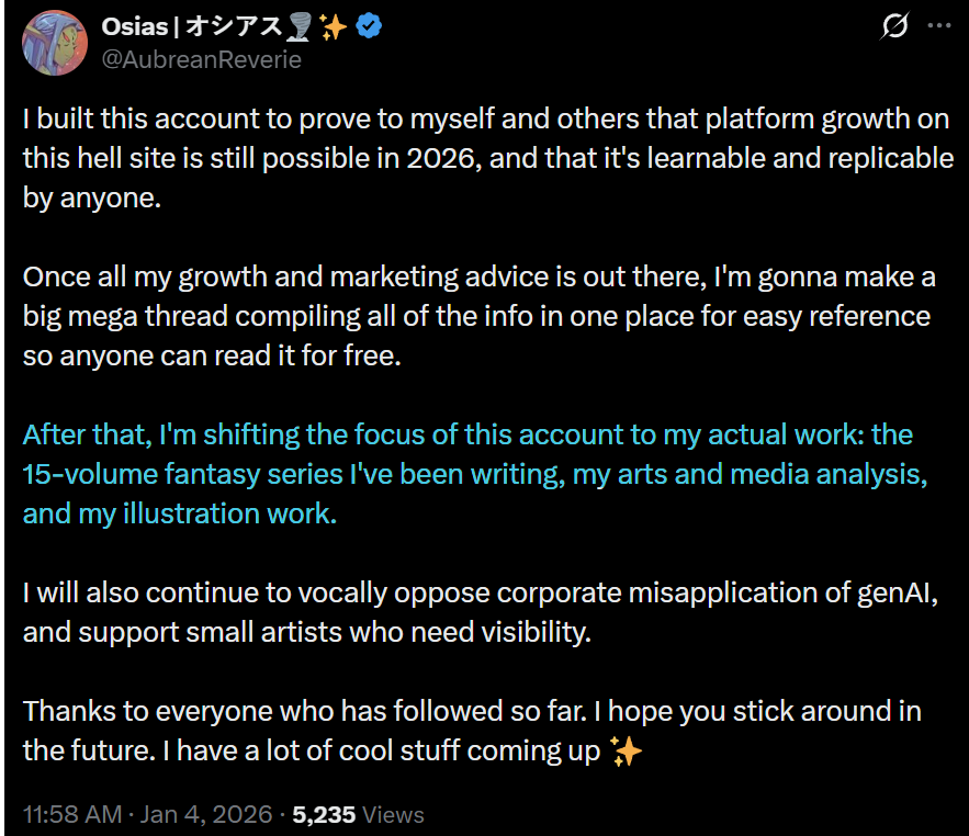 Rahll's tweet image. I've seen a number of questionable takes by them, and they run their account in a way that always talks about getting engagement and how to market yourself, that is until they can pivot the account to their personal work. 

I'm very wary of people who build a following around…