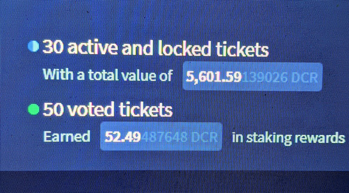 Screenshot of an acquaintance who I Bison pilled a couple of months ago.

His goal is to accumulate 100 tickets at these lows and hold strong, &amp; stake for several decades

For his kids.

I'm proud of him

$DCR will treat his offspring well

"Legend", they'll call him

#Decred