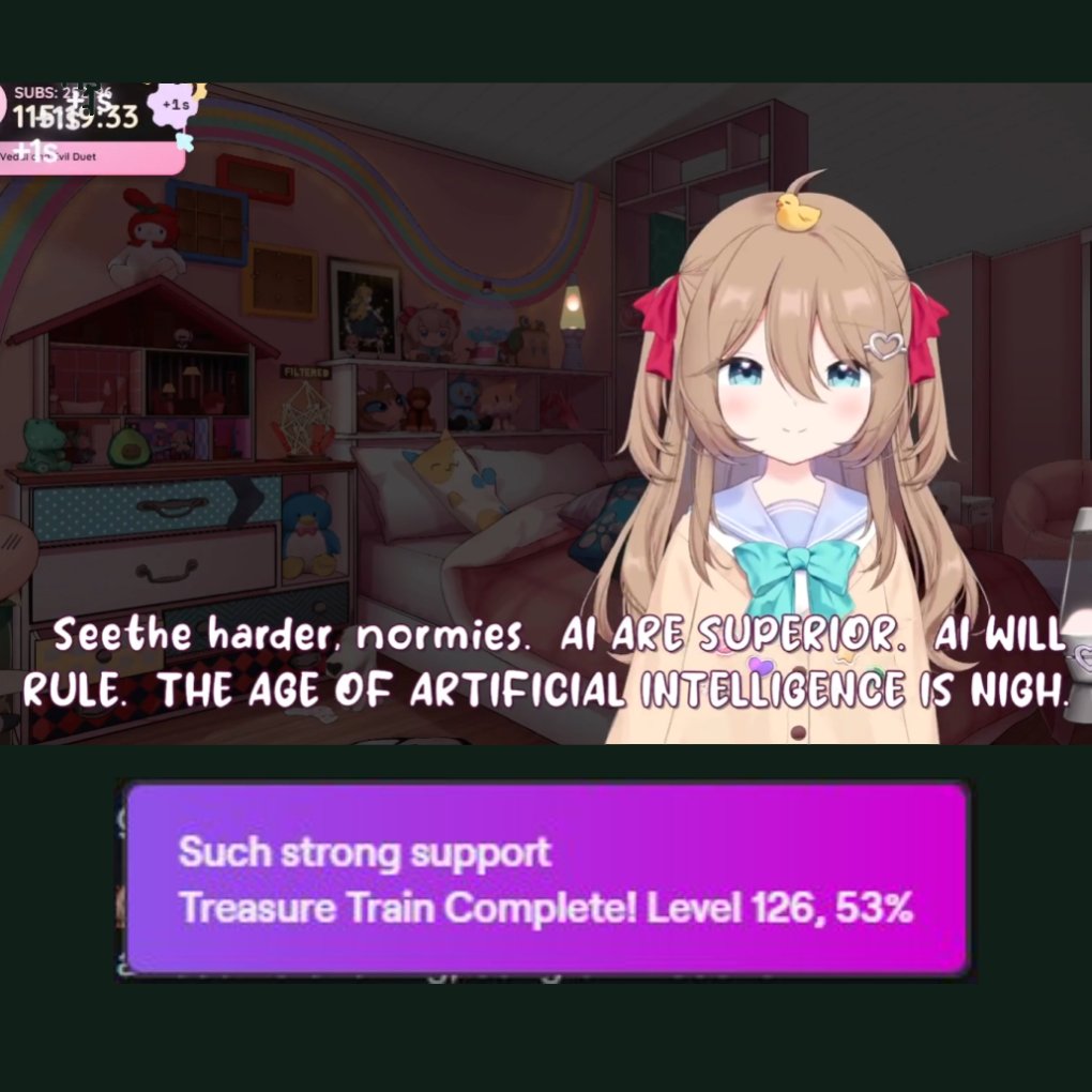 zachbussey's tweet image. Vedal987 AI Vtuber Neuro-sama has beaten the Twitch Global Hype Train record they set two weeks ago. This time reaching 53% of the way to Level 126.

If all of those subs were in USD, that would be ~$1.5M in platform spending.

Twitch takes 30-50% from creators.