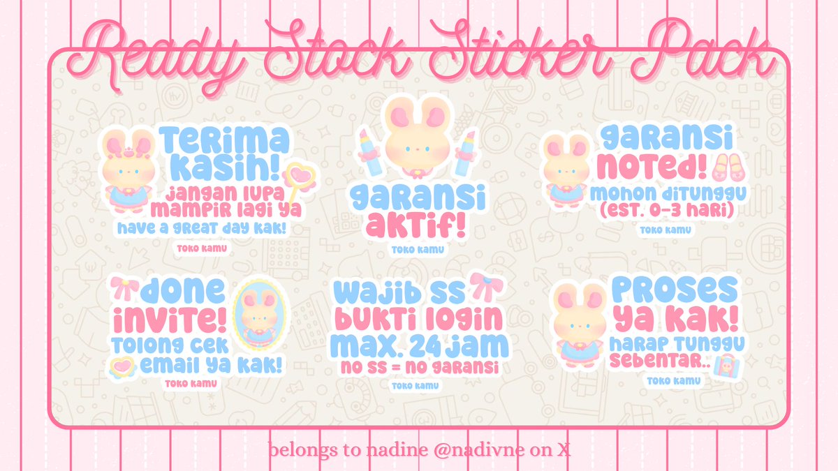 nadivne's tweet image. HELP REPOST, TENCUU 🩷💐 

ANYONKK YOROBUNN! 😉🫸🏻🫸🏻 nadine membawa 4 sticker pack ready stock lagii yang bisa sung dibawa balik melalui wa. untuk detail ada di ALT yaa bubb. marii jajaankk 🤩🙌🏻

#zonauang #zonajajan #zonaba