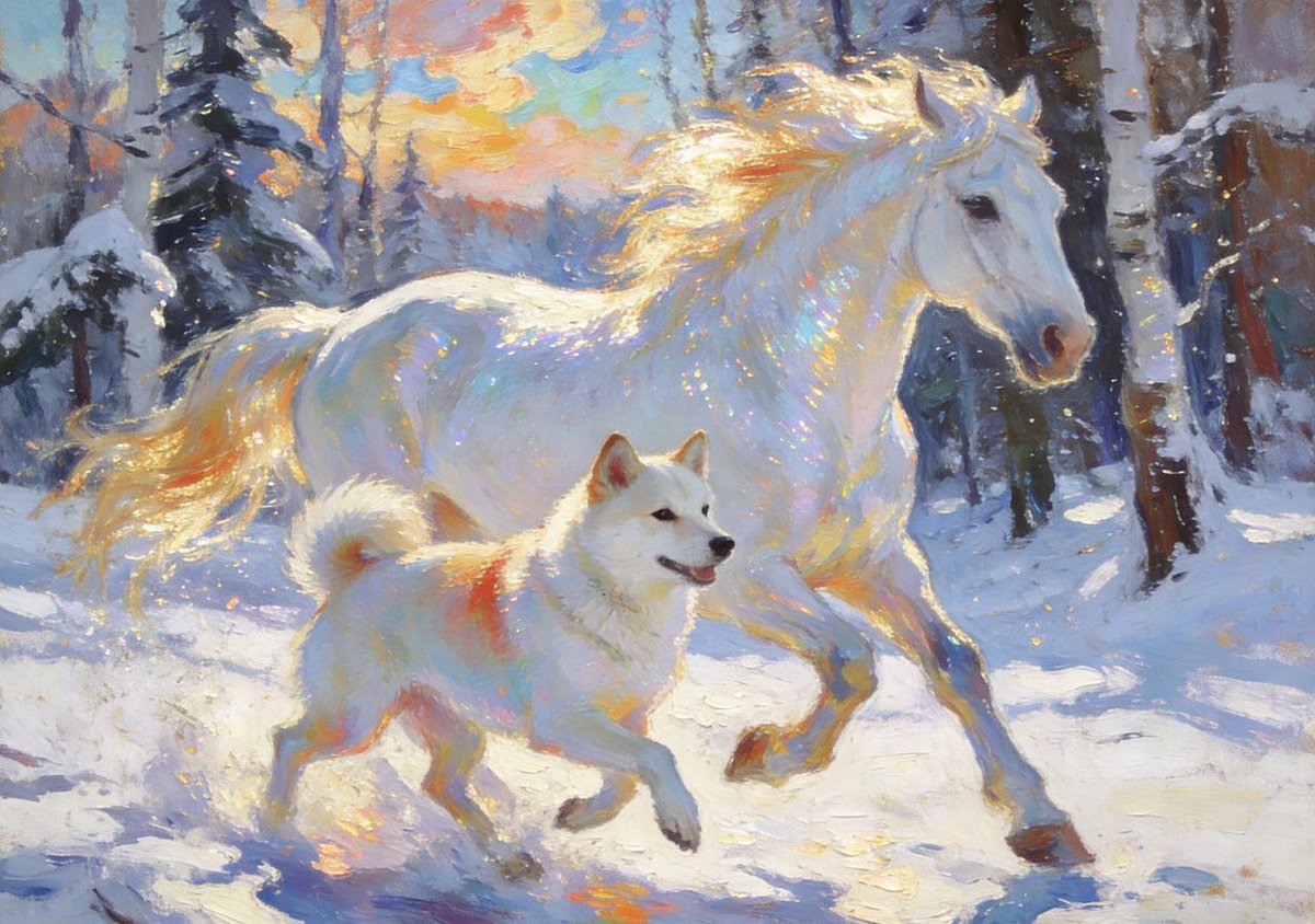 jiunCrypto's tweet photo. In the shimmering winter snow, an ethereal horse gallops with boundless fire, its loyal white-furred companion matching every stride in devoted harmony.

Untamed passion meets unwavering loyalty, embodying the Year of the Fire Horse: freedom fueled by deep bonds, courage ignited by shared strength.

In 2026, I wish everyone riches in wealth that flow abundantly, health that shines brightly, and happiness that runs wild and free. May prosperity multiply, bodies thrive, hearts soar, and true fortune gallop toward us all! 🔥🐴🤍🐕