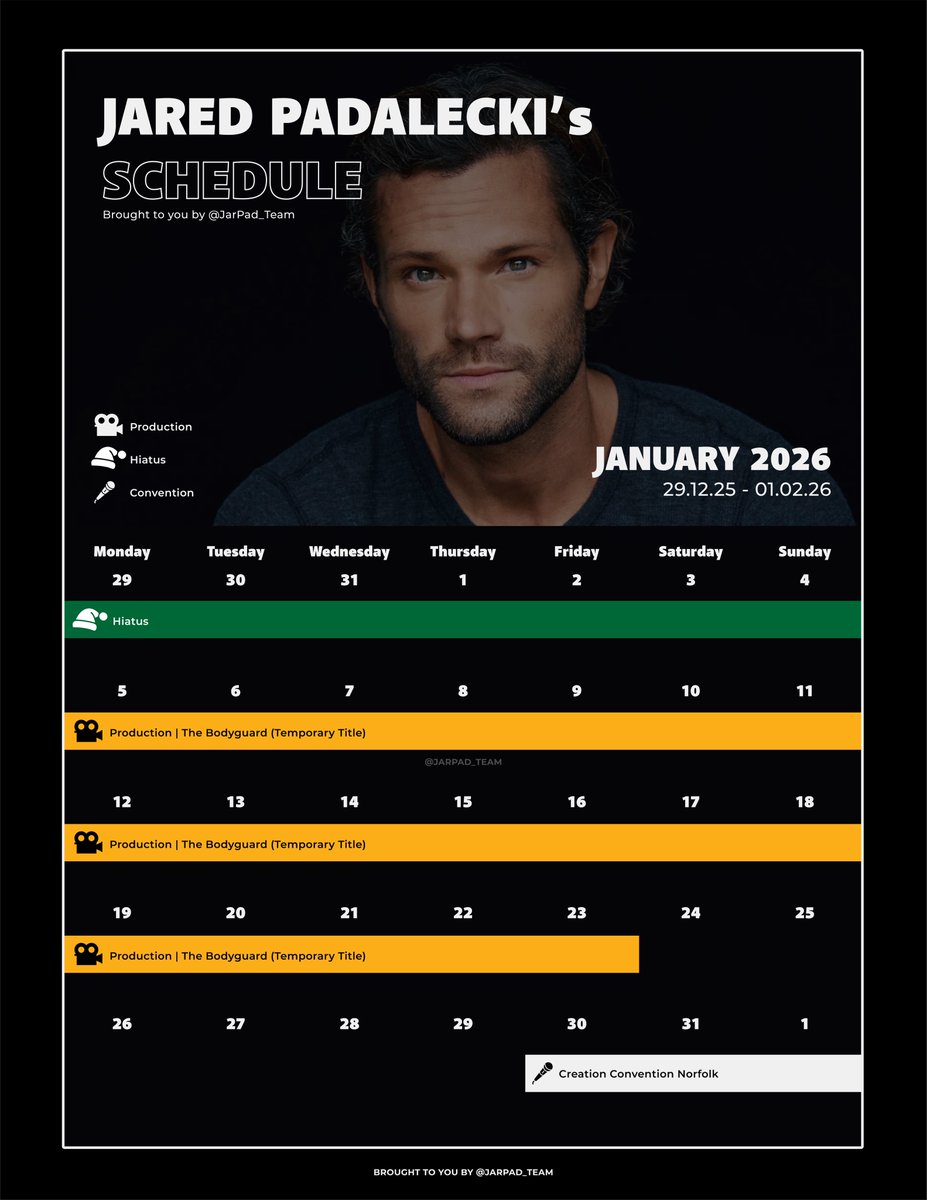 JarPad_Team's tweet photo. ๐ Jared Padalecki's Schedule for January 2026
๐
Hiatus | The Bodyguard
21.12.2025 - 04.01.2026
๐ฅ Production | The Bodyguard
05.01.2026 - 23.01.2026
๐ค Convention | Creation Norfolk
30.01.2026 - 01.02.2026
#JaredPadalecki #JaredSchedule #Jared_Updates https://t.co/iVMvlOw6yO