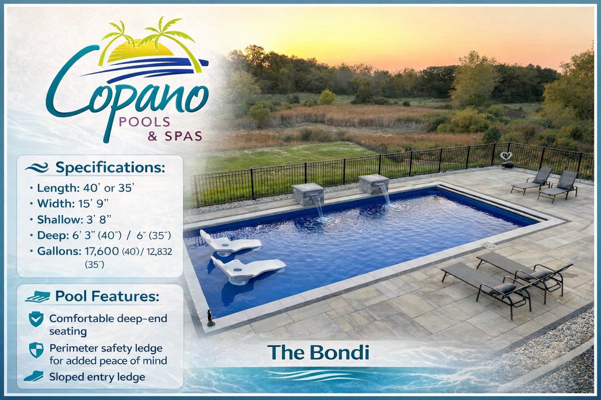 CopanoPools's tweet image. Introducing The Bondi ✨
A perfect blend of style, comfort, and smart design.

Ready to dive in?
📞 Call Copano Pools &amp;amp; Spas for a free consultation.

#CopanoPools #TheBondi #DreamPool #ModernPools #OutdoorLiving