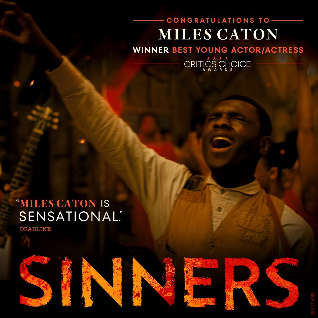 SinnersMovie's tweet image. Congratulations to “Sinners” actor Miles Caton on winning Best Young Actor/Actress, for his role as “Sammie Moore”, at the 31st Annual Critics Choice Awards!

 @CriticsChoice | #CriticsChoiceAwards
