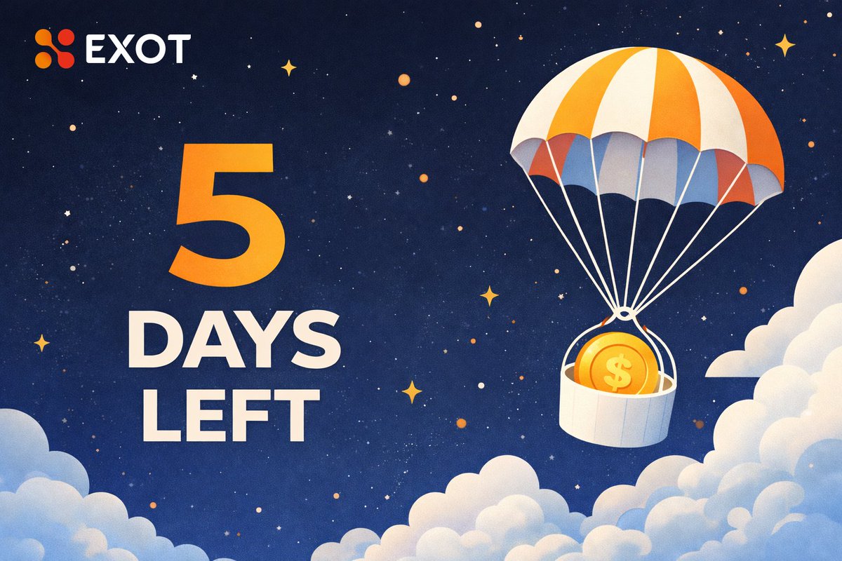 The countdown has officially begun. ⏳
Only 5 DAYS LEFT to join the EXOT Pre-TGE Airdrop.

This isn’t just a reward – it’s your entry ticket to the 2026 #DeSci revolution.
200,000 $EXOT tokens are waiting for their rightful owners. 🧬💰

Your Monday mission:
1️⃣ Open the Telegram