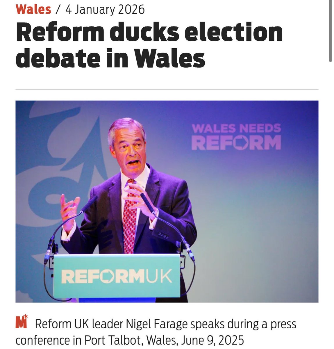 🚨The cracks are showing.🚨

Reform UK REFUSED to take part in the Senedd election debate because Farage wasn’t allowed on stage.

Read that again. He’s not even contesting in Wales, too scared to put forward a Welsh candidate, yet wanted to hijack a Welsh debate. When told NO,