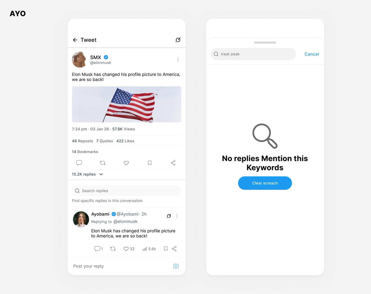 ayotose's tweet photo. UX Concept for X: Search inside replies. 🔍

Viral threads are impossible to scan.

My fix: A native search bar to find keywords instantly. Think "Command + F" for conversations.

@elonmusk thoughts?

#UX #ProductDesign #Twitter https://t.co/oZAbY4mcRA