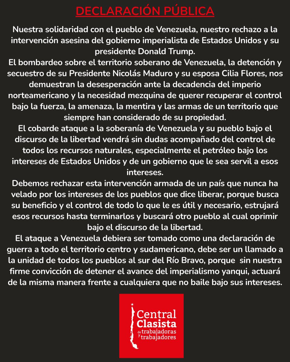 Nuestra solidaridad con el pueblo de Venezuela, nuestro rechazo a la intervención asesina del gobierno imperialista de Estados Unidos y su presidente Donald Trump.
El bombardeo sobre el territorio soberano de Venezuela... <a href="/CentralClasista/">Central Clasista de Trabajadoras y Trabajadores</a> <a href="/obrero_clasista/">Sindicato Soc</a> #venezuela