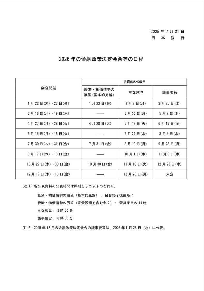 2026年日銀会合・FOMCの日程 をポストしておきます📝 よかったら参考にしてください。