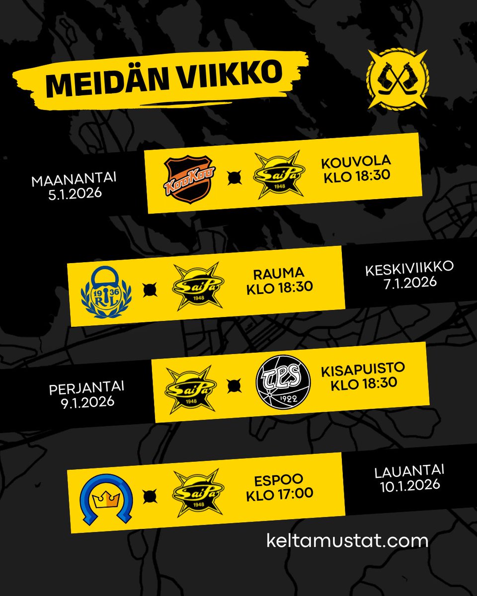 Tällä viikolla mitataan pelaajien, kuin kannattajienkin kestävyyttä! Keltamustat reissaa tänään Kouvolaan ja lauantaina Espooseen. 💛🖤
Psst! Espoon reissun paikat vähenevät päivä päivältä, joten varmista omasi ajoissa.

Viikon 2 tarjonta, olkaa hyvät:

#SaimaanKeltamustat #SaiPa
