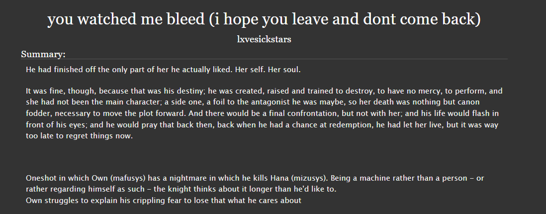 mafusysceo's tweet image. OwnHana (mafusysxmizusys). i sure do hope hana isnt criminally mischaracterized otherwise take this as my funky interpretation. read the tags please ! 
archiveofourown.org/works/77110491