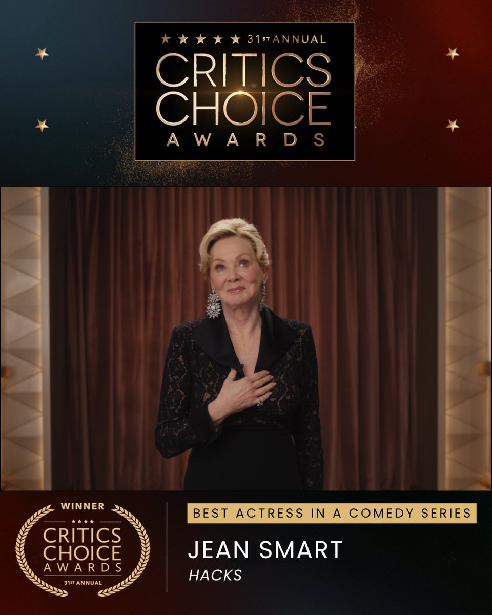 CriticsChoice's tweet image. Congratulations to Jean Smart, winner of the Critics Choice Award for Best Actress in a Comedy Series for “Hacks.”

#criticschoice #criticschoiceawards #Hacks