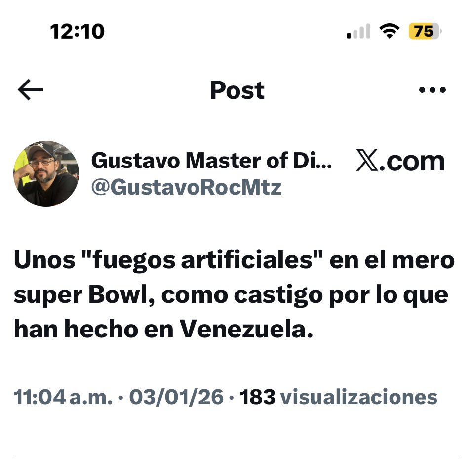 jorgegogdl's tweet image. El fanático de la 4t @GustavoRocMtz sacó un Tweet donde amenaza con un atentado terrorista en el Super Bowl en Estados Unidos tras la captura de Nicolas Maduro. Después borró el tweet, pero la amenaza fue genuina. 

@ChrisLandauUSA