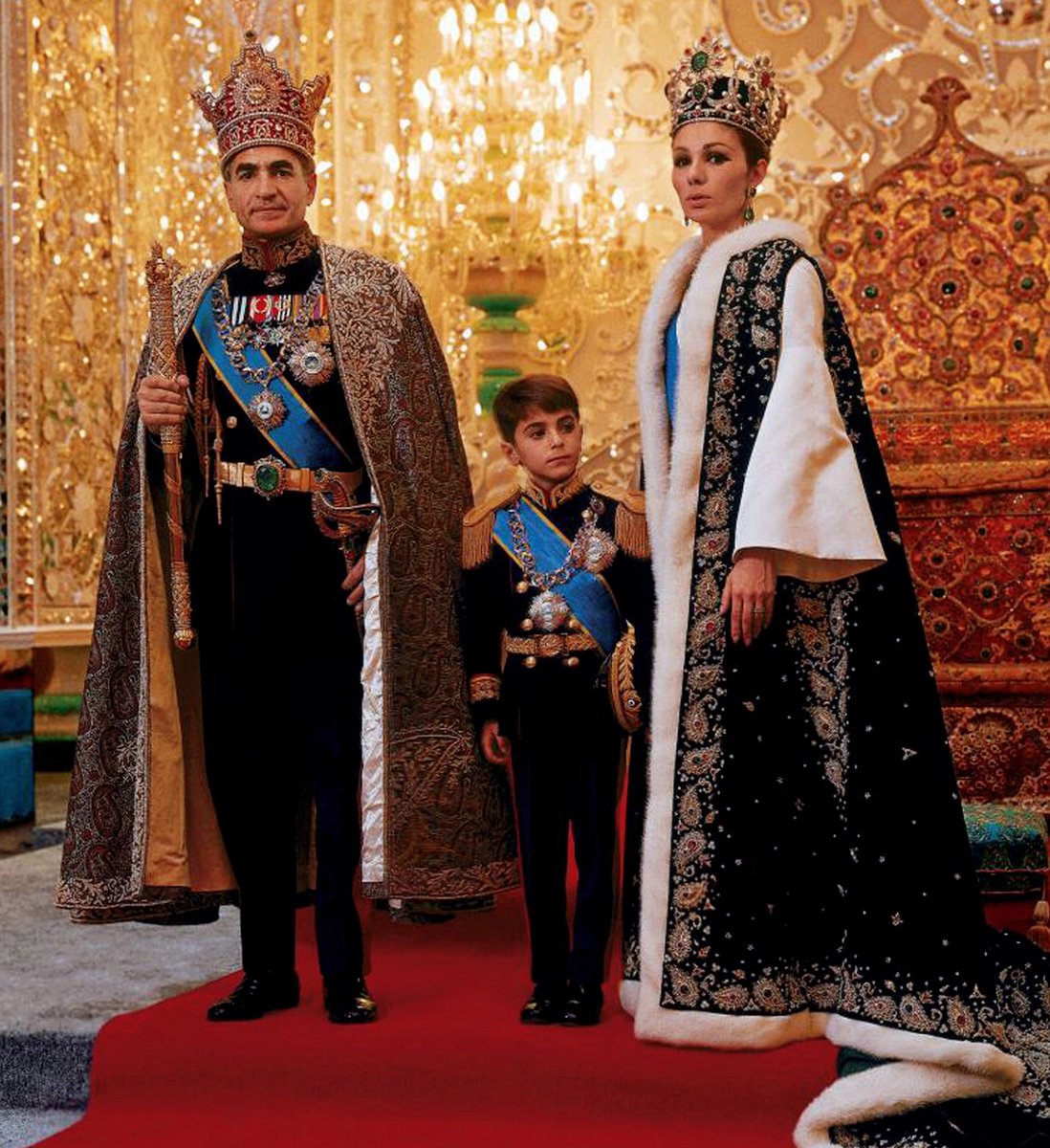 Shah Mohammad Reza Pahlavi, the Shah of Iran from 1941-1979. 

Crown Prince of Iran Reza Pahlavi was 7 years old during his father’s coronation in 1967. 

Now aged 65, the Crown Prince has been called on by Iranians to lead the country when the regime falls.