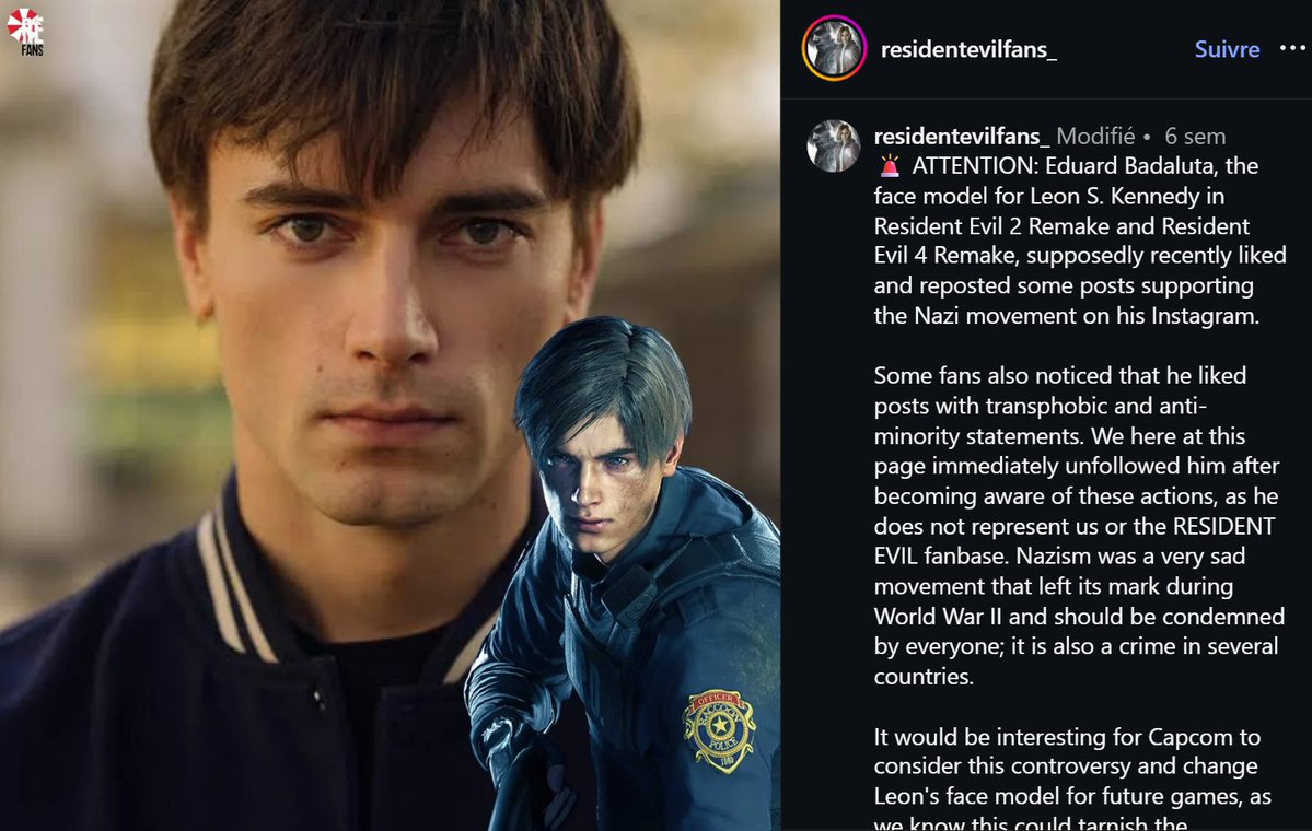 ShitpostRock's tweet image. Leon’s face model actor is being accused of supporting fascism, transphobia, and racism based on the Instagram Reels he has liked

Does this mean Leon is canonically racist?