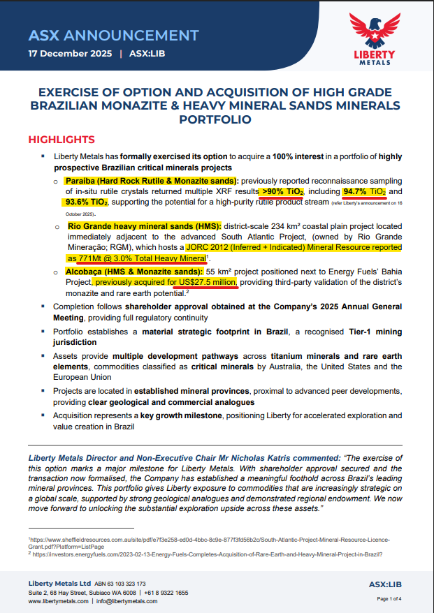nkat007's tweet photo. Liberty Minerals (ASX: $LIB) trading well, after exercising option to acquire 100% interest in a portfolio of Brazilian critical minerals projects focused on #rareearths and heavy mineral sands / #titanium minerals. 💥

➡️Paraíba (Hard Rock Rutile & #Monazite sands):  reconnaissance sampling of in-situ rutile crystals returned multiple XRF results >90% TiO2, including 94.7% TiO2 and 93.6% TiO2  

➡️Rio Grande 234 km² district-scale heavy mineral sands (HMS) coastal plain project located immediately adjacent to the advanced South Atlantic Project. JORC 2012 MRE reported as 771Mt @ 3.0% Total Heavy Mineral  

➡️Alcobaça (HMS & Monazite sands):  55 km² project positioned next to Energy Fuels’ Bahia Project, previously acquired for US$27.5 mill 💰

Accelerated exploration and value creation planned in 2026.⚡️
