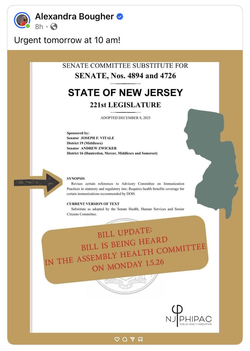 AlexandraBough3's tweet image. 🚨 NJ LEGISLATIVE ALERT 🚨
S4894 Mon 1/5 at 10AM (Assembly Health).

These bills shift vaccine policy power to NJ DOH and mandate insurance coverage—raising serious concerns about transparency, oversight, public input &amp;amp; informed consent.

📍 State House Annex | Room 11
📣 Show…