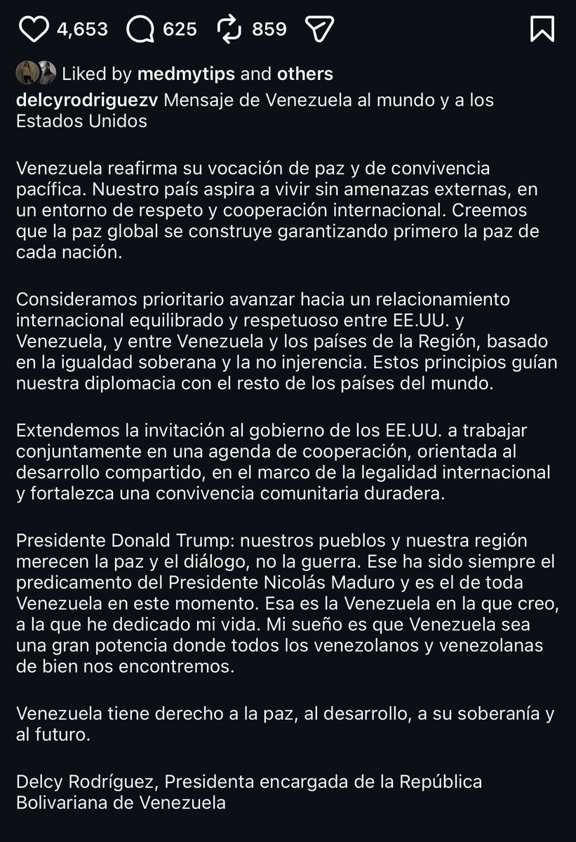 DIFUNDELOYA's tweet photo. 🚨 ¡ÚLTIMA HORA VENEZUELA! 🚨🇻🇪

URGENTE — ¡LO ÚLTIMO! 🇻🇪 🇺🇸

Delcy Rodríguez:

"Venezuela extiende invitación a EE.UU. a trabajar en una agenda de cooperación".

Mensaje que ha publicado en su cuenta oficial de Instagram: https://t.co/5x6TevHqfO
