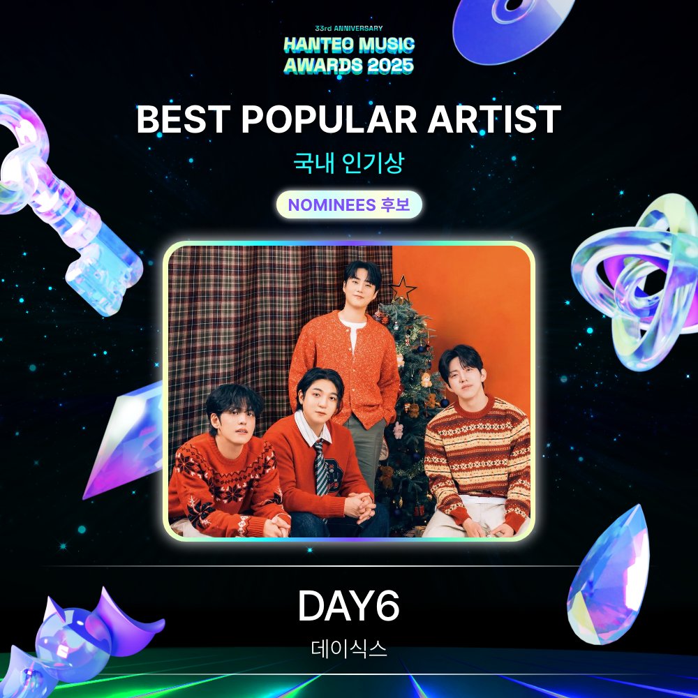 Hanteo_HMAs's tweet image. #HMA2025 #한터뮤직어워즈2025
#HanteoMusicAwards2025 

📢후보자 공개 Nominees Announcement
🏆 #인기상 #POPULARITYAWARD

#DAY6 #데이식스
@day6official

🗓️Round 1 : 1/5 ~ 1/14 (KST)
🗓️Round 2 : 1/16 ~ 1/25 (KST)
🗓️Round 3 : 1/27 ~ 2/7 (KST)