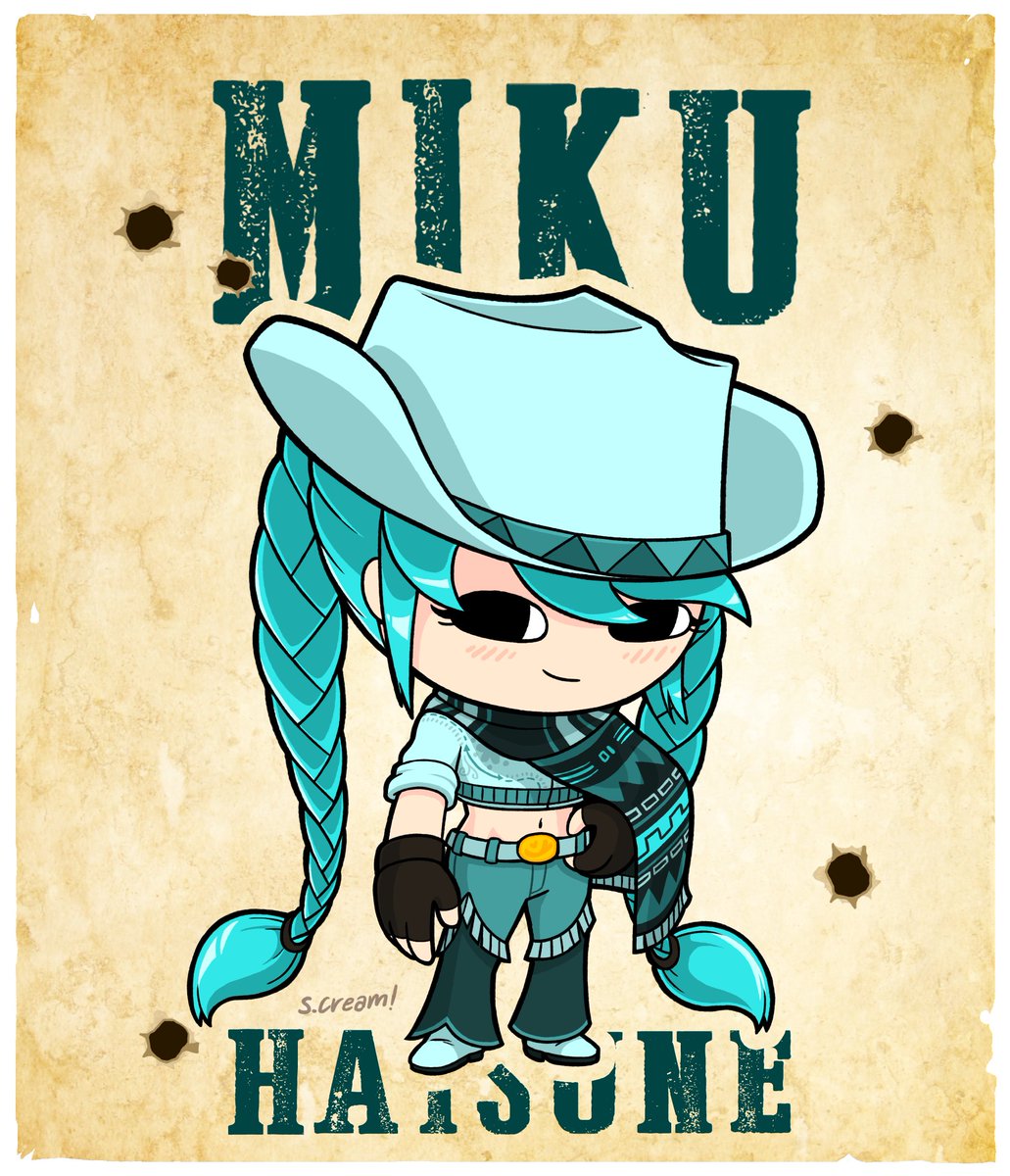 Las leyendas cuentan que hay una forajida, cuya voz suena dulcemente por el oeste trayendo casi siempre perdición. Si alguna vez llegas a escuchar su canto, no te asustes, a menos que hayas hecho algo malo, en ese caso, ya será muy tarde, la muerte está cantando para ti. 
#miku