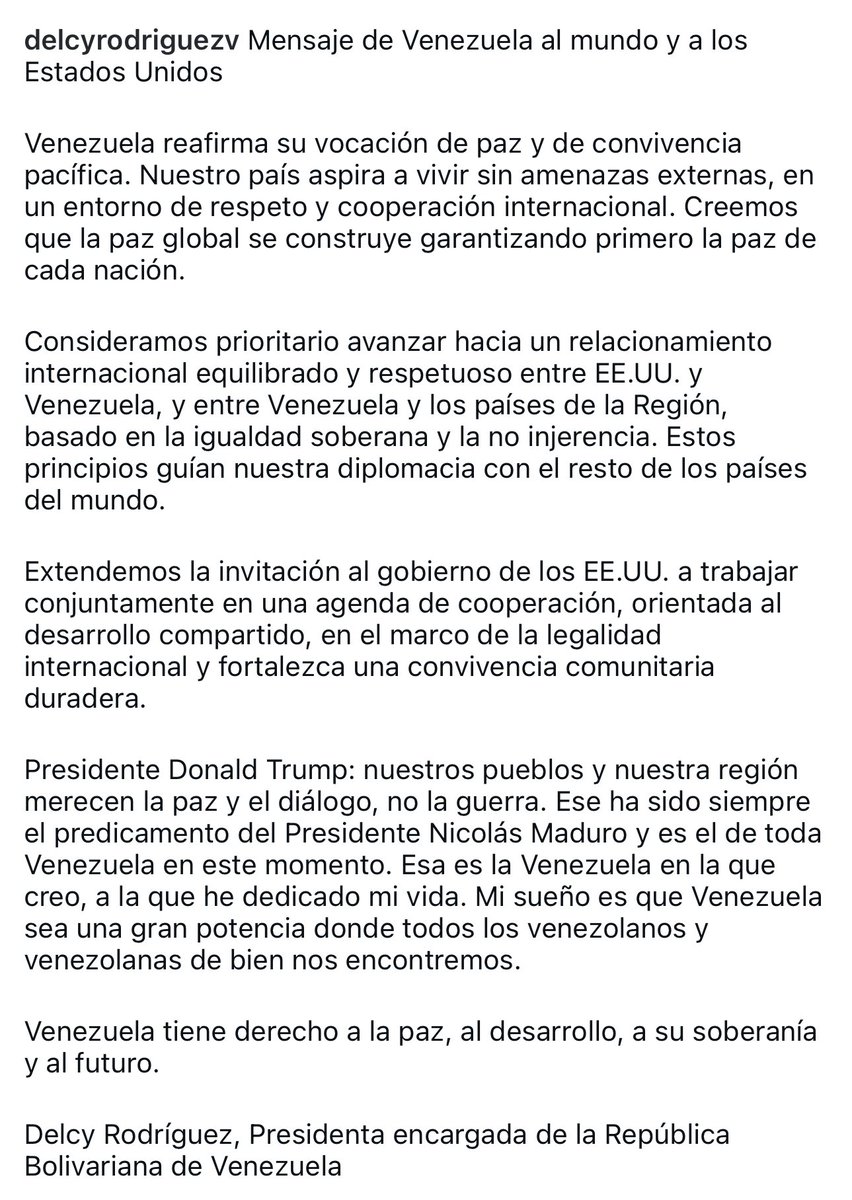 #URGENTE | Comunicado de Delcy Rodríguez en el que expresa disposición a “trabajar conjuntamente en una agenda de cooperación” con Donald Trump.