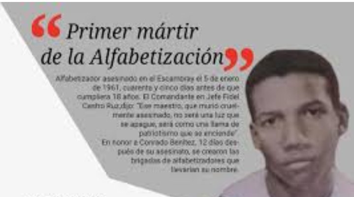 De #FidelPorSiempre 👇
¡“Después de muerto ese maestro seguirá siendo maestro! (…) Ese maestro es el mártir cuya sangre servirá para que nosotros nos propongamos, doblemente, ganar la batalla que hemos emprendido contra el analfabetismo (…) 
#SanctiSpíritusEnMarcha .