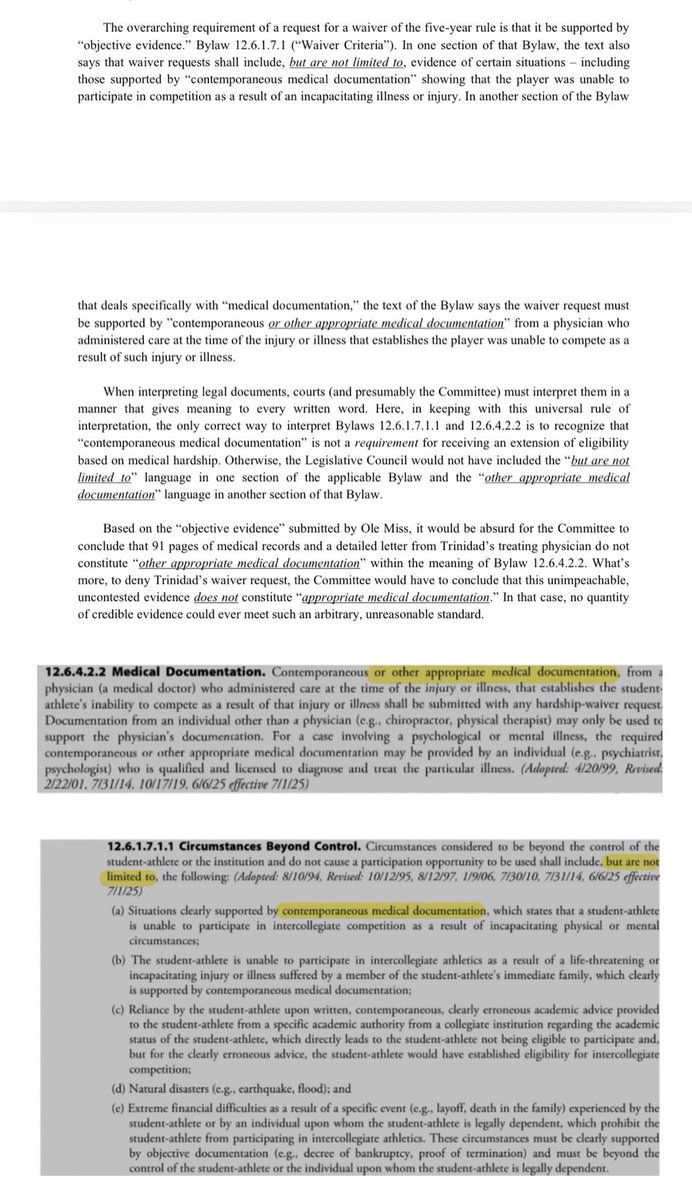 TomMarsLaw's tweet image. For those who may be interested, this excerpt from a second letter that was sent to the NCAA earlier today explains the gist of why the waiver request filed on behalf of Trinidad Chambliss plainly satisfies the requirements of the applicable, legally enforceable @NCAA Bylaw.