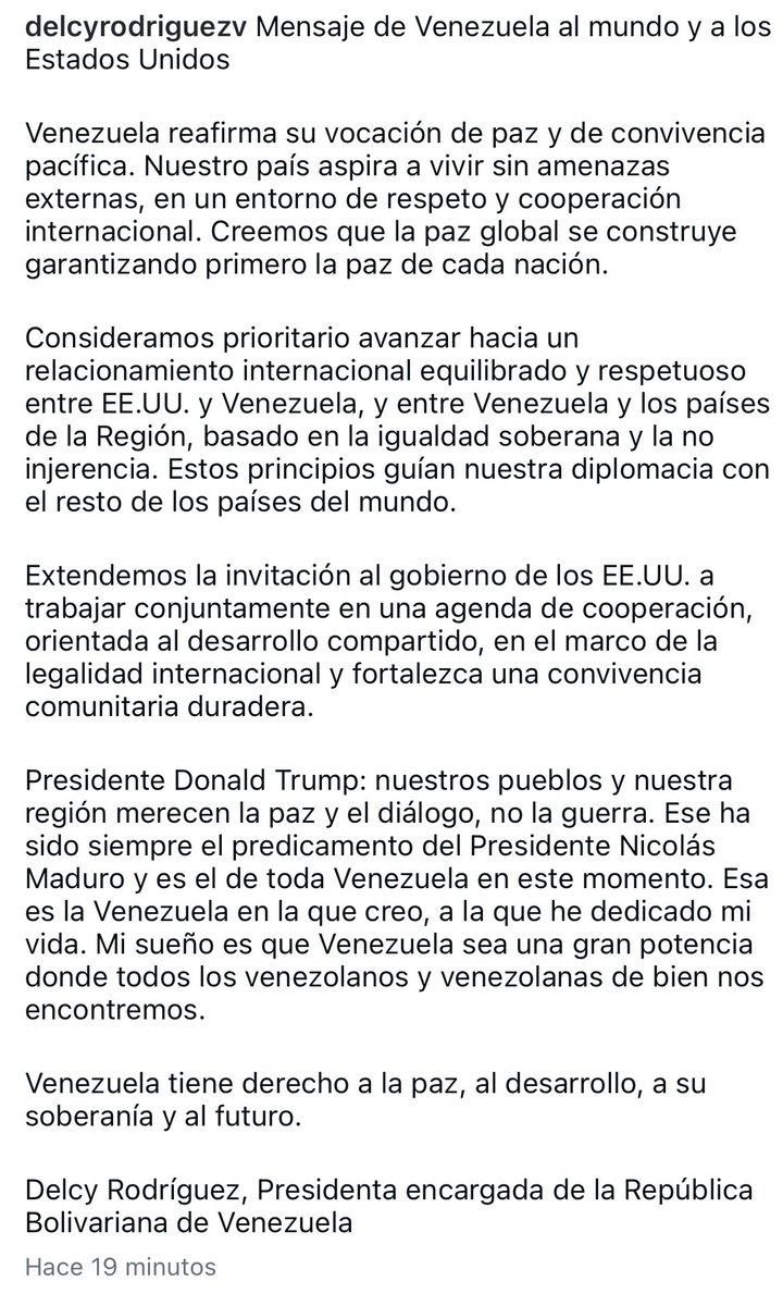 #ULTIMAHORA | #4Ene  Delcy Rodríguez anuncia disposición de Venezuela para establecer una agenda de cooperación inmediata con Estados Unidos 🇺🇸

El Ejecutivo busca consolidar alianzas estratégicas basadas en el respeto y el trabajo mutuo.

Comunicado completo 👇