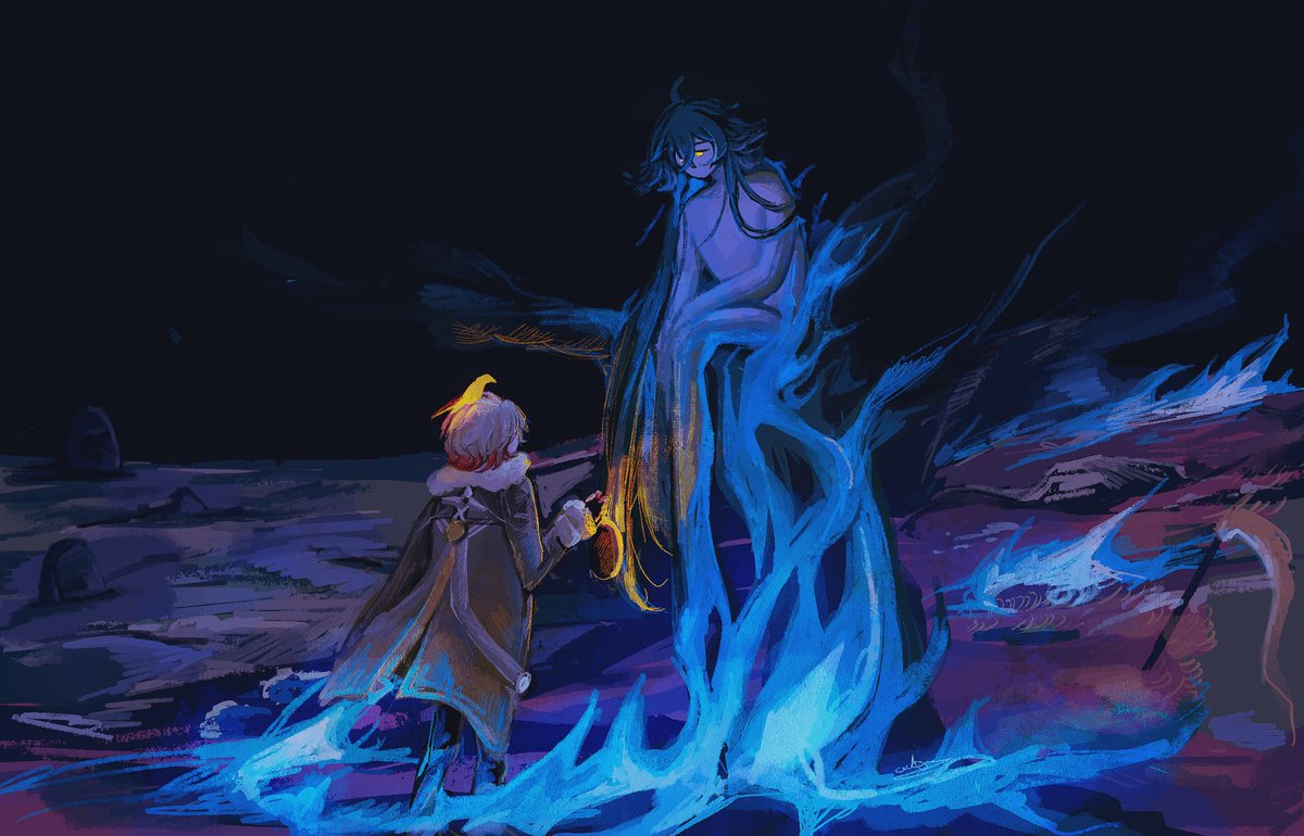 the souls that wonder this frozen wild shall at last be set free by the lights of blue flame.
-well, aren’t you a wondering soul yourself, sir blue flame? who sets you free?

#Flins &amp; #Illuga , lightly #faelight