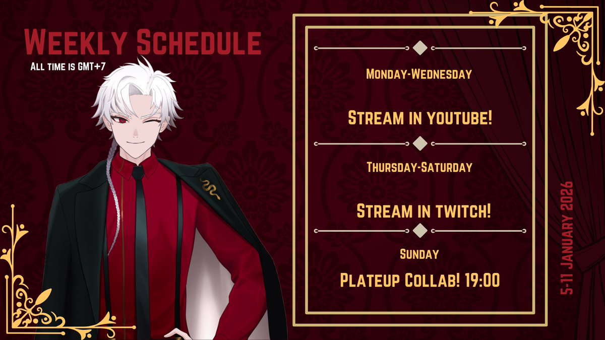 Minoguchi_R's tweet photo. SCHEDULE! JAN 5-11
General - #JustRomulus
Update - #WhatsGuchi
Stream - #Romulive
Meme - #Minomeme
Highlights - #Rollmulus
Mature - #Minomulus
Fanart - #Snekart / #Romguchi
ARTMusic/Cover - #MiSing https://t.co/b24C294kNO