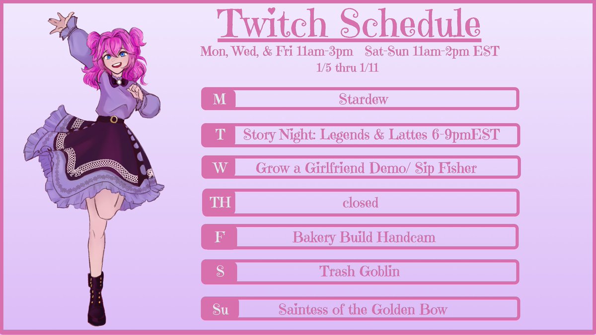 This week's going to be touch &amp; go, I'll try my best to stick to the schedule. Story Reading Tues Night 6-9pm EST &amp; Fri has a Bakery Build Handcam instead of a game! #Vtuber #indiegame