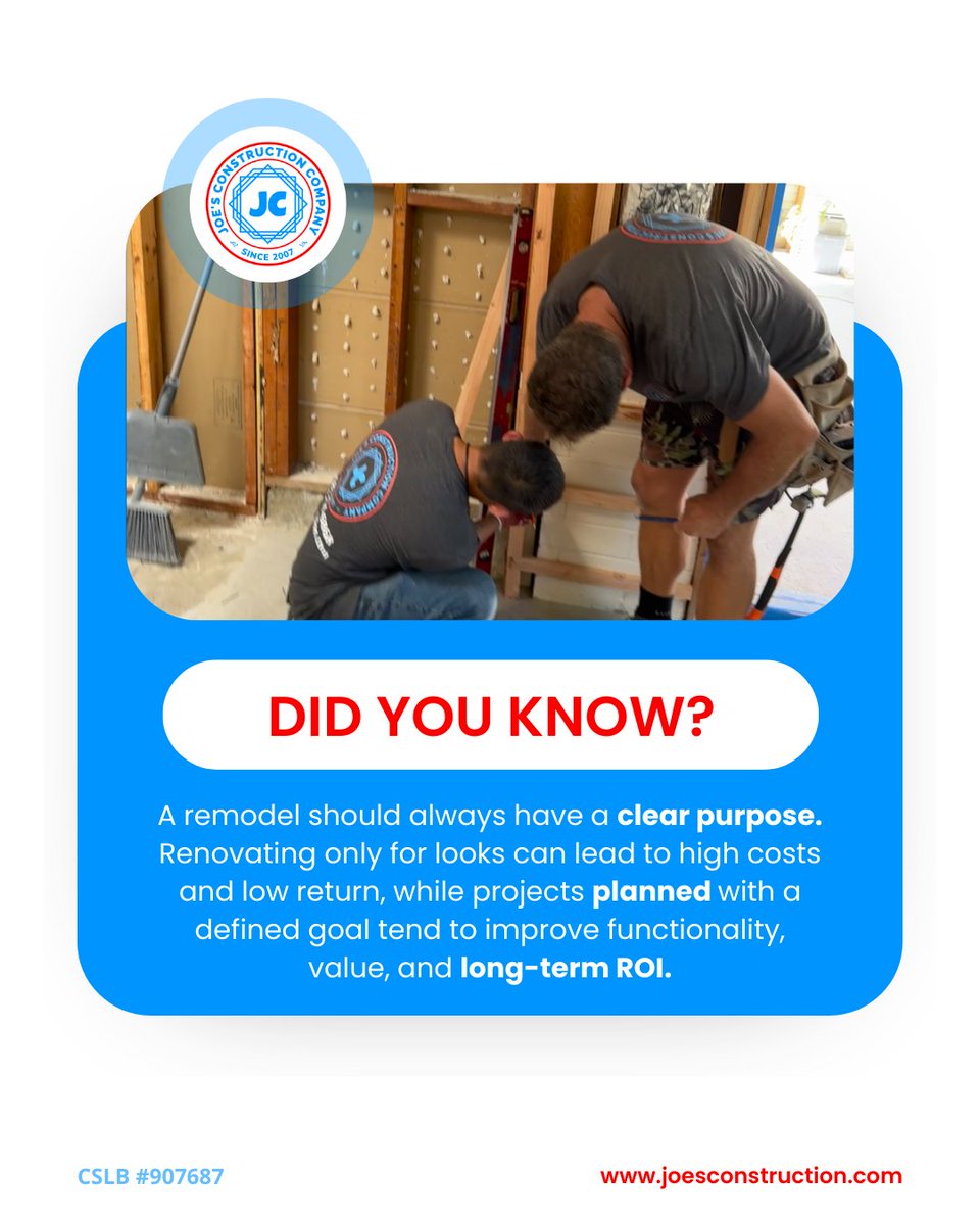 joesconstruct's tweet image. What do you usually prioritize when remodeling? 👇

#ConstructionTips #HomeRemodeling #SmartRenovation #ConstructionPlanning #HomeInvestment #RemodelingAdvice #GeneralContractor #PropertyValue #BuildWithPurpose #Construction #SanDiegoConstruction #Contractor