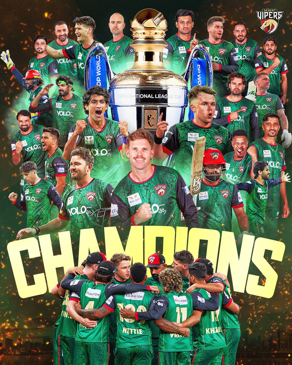 CricWorld099's tweet photo. 🚨DESERT VIPERS WIN ILT20 TITLE, BEAT MI EMIRATES IN FINAL 🏆
- Pakistani stars played a crucial role in sealing the victory and lifting the trophy! 🇵🇰🔥
#DesertVipers #SamCurran #ILT20Final #MIEmirates #NassemShah #usmantariq #FakharZaman https://t.co/EXbIYTkN2l