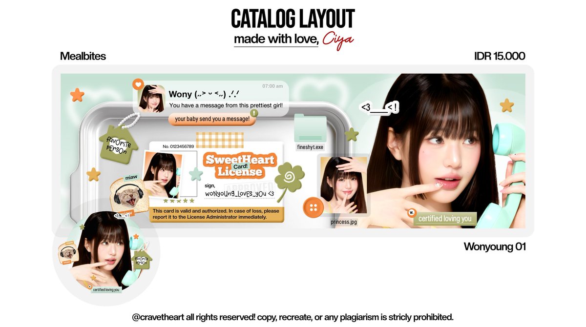 cravetheart's tweet image. bantu repost pls? makasi ‹𝟹

aku sudah "OPEN REQUEST" untuk katalog "MEALBITES" ya teman-timun! yg berminat nanti formnya bisa via dm 🫶🏻

dan ini ada 5 layout ready stock kya &amp;amp; wonyoung yg siap dijemput, free retext ya :3

#zonauang