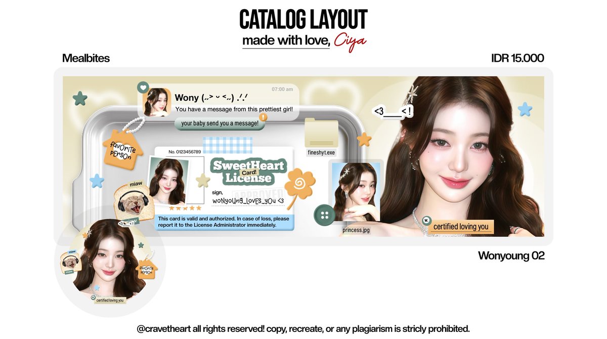 cravetheart's tweet image. bantu repost pls? makasi ‹𝟹

aku sudah "OPEN REQUEST" untuk katalog "MEALBITES" ya teman-timun! yg berminat nanti formnya bisa via dm 🫶🏻

dan ini ada 5 layout ready stock kya &amp;amp; wonyoung yg siap dijemput, free retext ya :3

#zonauang