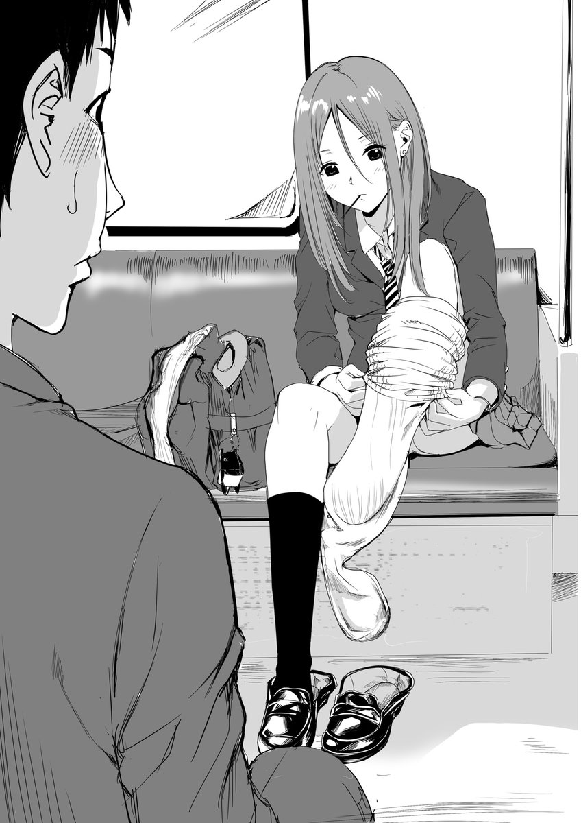 FANBOXの過去絵。電車内にて目の前でルーズソックスに履き替えるJK 