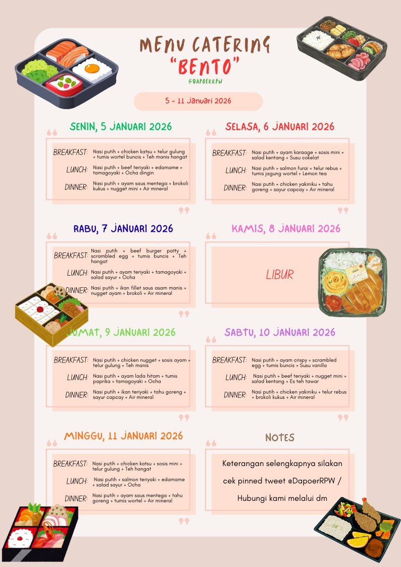 DapoerRPW's tweet image. Bukan cuma rapi di kotak, tapi juga pecah di lidah! Bento kami ditata dengan cinta agar makan siangmu lebih berwarna dan tetap higienis. Tunggu apa lagi? Ayo cobain sekarang di @DapoerRPW! 🍱