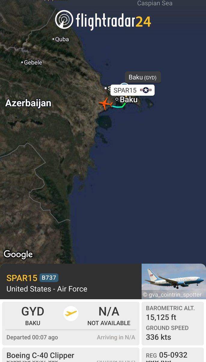 sipjack1776's tweet photo. C-40 Clipper 🇺🇲
#AE189C/05-0932/SPAR15
Tracking west out of Baku 🇦🇿
Aircraft arrived in Baku earlier today out of Al Udeid.
@Borrowed7Time https://t.co/JKh2m8agMy