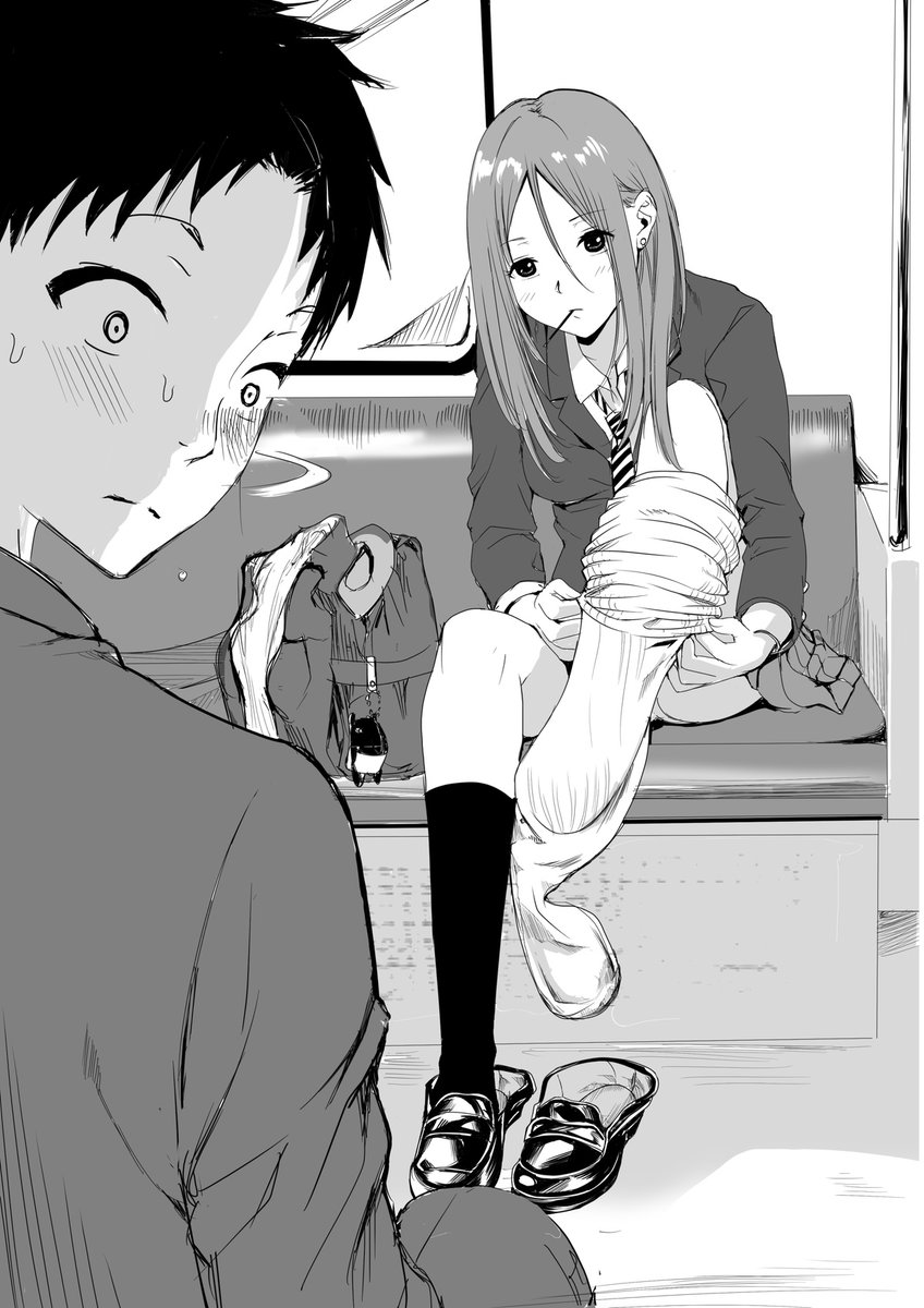 FANBOXの過去絵。電車内にて目の前でルーズソックスに履き替えるJK 