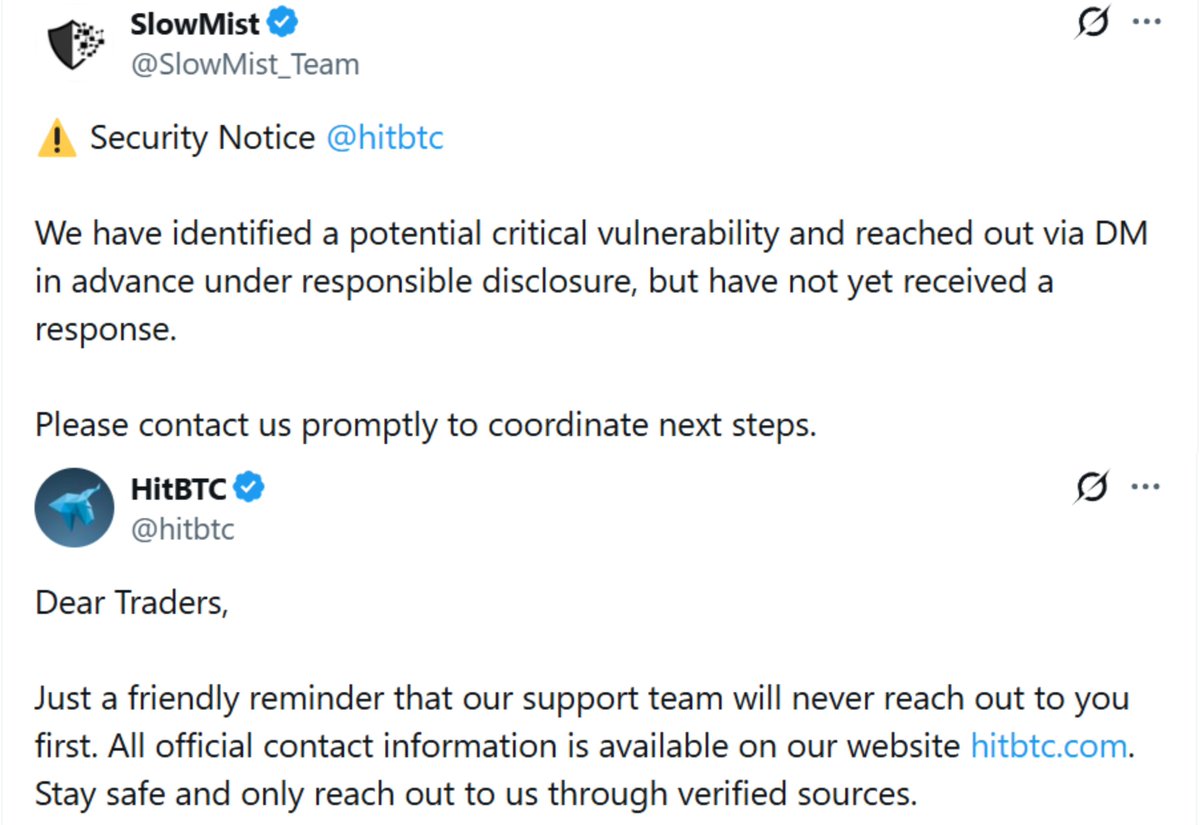 ⚠️ Security Alert : @SlowMist_Team reports a potential critical  vulnerability involving @hitbtc; The exchange urges users to beware of  impersonation and use official channels ONLY. #Security #CybersecurityNews  #CryptoSecurity #CryptoNews #Web3