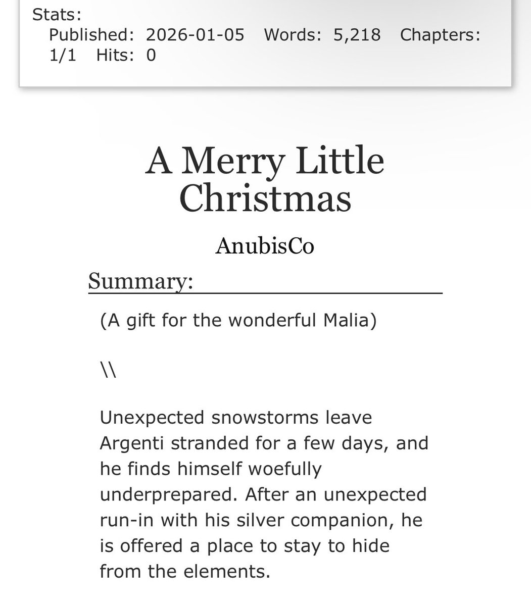 Merry Christmas to the amazing <a href="/artsy_malia/">Malia ✨️Commissions Open✨️</a> !! 🌹 I sincerely apologize for how late this is coming to you, but I do hope you enjoy. 

Thank you to the organizers of the event as well <a href="/argenthillsanta/">✦❅Roses & Revolvers Secret Santa❅✦</a> 

🔗archiveofourown.org/works/77113256

#argenthillsecretsanta #Argenthill