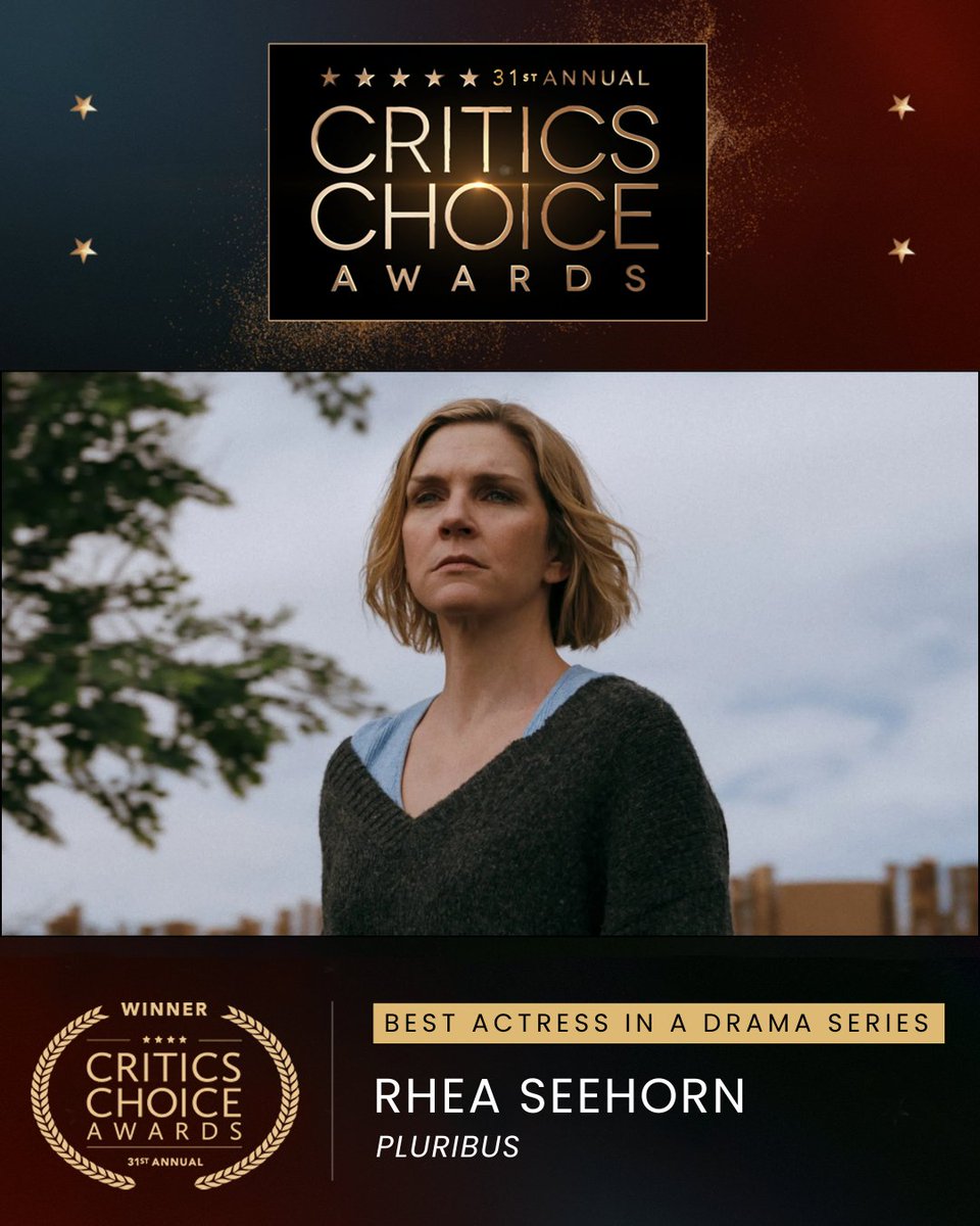 CriticsChoice's tweet image. Congratulations to Rhea Seehorn, winner of the Critics Choice Award for Best Actress in a Drama Series for “Pluribus.”

#criticschoice #criticschoiceawards #Pluribus