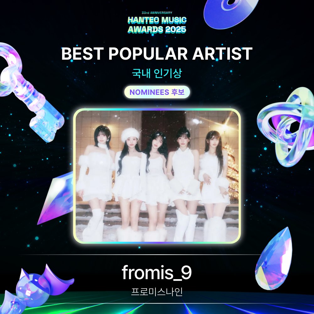 Hanteo_HMAs's tweet image. #HMA2025 #한터뮤직어워즈2025
#HanteoMusicAwards2025 

📢후보자 공개 Nominees Announcement
🏆 #인기상 #POPULARITYAWARD

#fromis_9 #프로미스나인
@realfromis_9

🗓️Round 1 : 1/5 ~ 1/14 (KST)
🗓️Round 2 : 1/16 ~ 1/25 (KST)
🗓️Round 3 : 1/27 ~ 2/7 (KST)